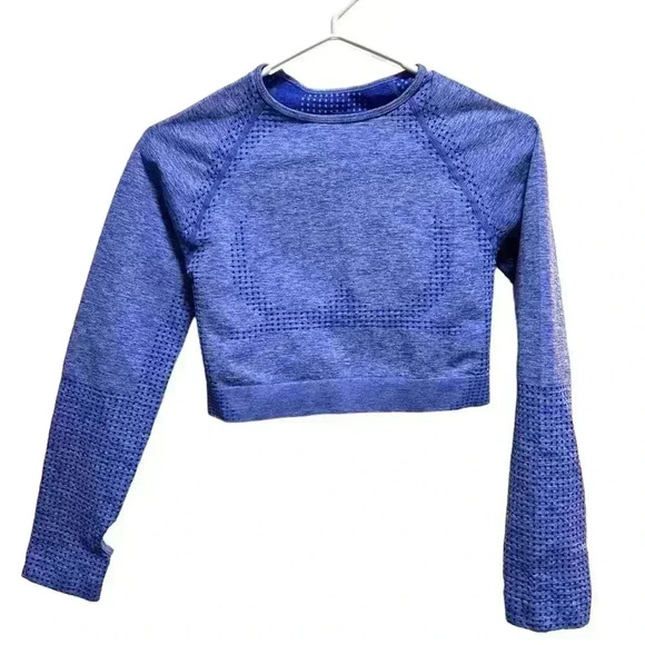 BLUE/PURPLE ATHLETIC LONG SLEEVE CROP TOP WITH THUMBHOLES - Picture 1 of 4